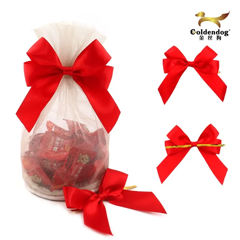 Hot selling red satin twist tie ribbon bows pre-tied string for candy packing