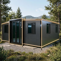 Casa de Huéspedes para Jardín, Contenedor Prefabricado con Acabado en Madera, Marco Negro, Expandible, Aspecto de Madera Marrón Anaranjado, Instalación Rápida