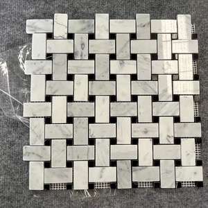 Mosaico de Mármol Blanco Carrara Natural con Puntos Negros <span class=keywords><strong>Nero</strong></span> Marquina, Montado en Malla, Estilo Moderno para Hoteles, Tipo Cesta, para Baños - Product Image 4