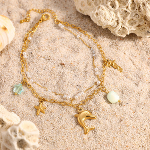 Fashion <b>Anklets</b> Stainless Steel 18k <b>Gold</b> Plated Double Layer Chain With Dolphin Star Pendants Women's Beach Jewelry - Product Image 2