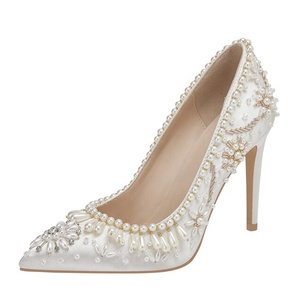 Large Size 46 Silk Pearls Thin Heels Women Dress <b>Shoes</b> Chic High-heeled Pumps Pointy Toe Flower Wedding Styles Stiletto - Product Image 2