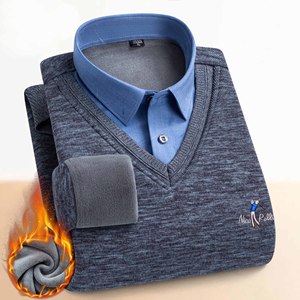 Camisetas de Pullover Masculinas em Fleece Duplo com Decote em V, Suéter Quente de Camada Base, Suéter Tricotado - Product Image 2