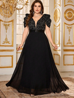 Robe de soirée élégante haut de gamme pour femme grande taille, col en V profond, manches bouffantes, ourlet évasé, taille nouée, avec empiècements de sequins