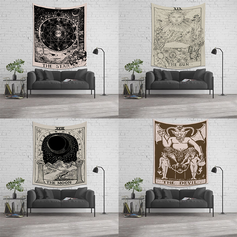 Ready to ship vintage black and white anime astrology custom wall hanging sun moon witchcraft tarot spiritual tapestry