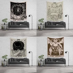 Bereit zu versenden Vintage Schwarz-Weiß-Anime-Astrologie benutzer definierte Wandbehang Sonne Mond Hexerei Tarot spirituellen Wandteppich