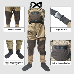 <span class=keywords><strong>Waders</strong></span> de pêche unisexes kaki 3 couches 100 % imperméables et respirants en tissu durable hydrofuge avec genouillères - Product Image 1