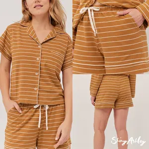 Custom-made 100% Organic Cotton Short-sleeved Ladies Striped Pyjamas Two-piece Set Lounge Wear Sleepwear