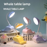 Lampe de bureau USB rechargeable en forme de baleine pour étudiants avec support de téléphone portable et veilleuse, abat-jour en plastique, autonomie de 1 heure