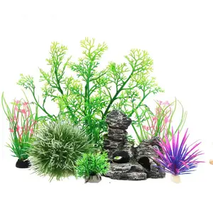 Aquarium de poissons en plastique, 7 pièces, plantes artificielles et décorations de roche, ensemble de poissons, petite et grande tailles