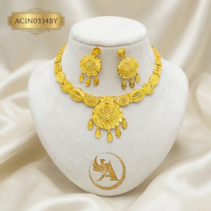 New Arrival Women's 18K Gold Plated Traditional Indian Design African Bridal Jewelry Set with <b>Charm</b> Necklace and Earrings - Product Image 1
