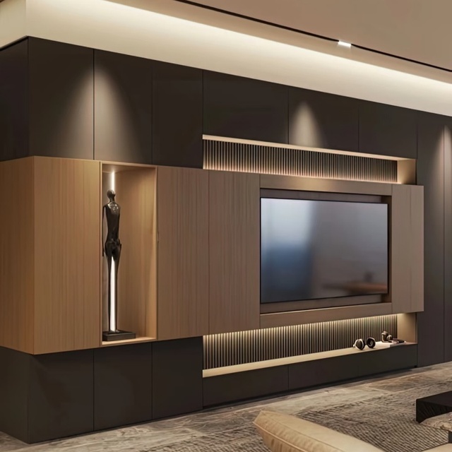 Luxury Minimalist Fluted Panel TV Cabinet with LED Lighting with Hidden Storage for Living Room Large Screen TVs
