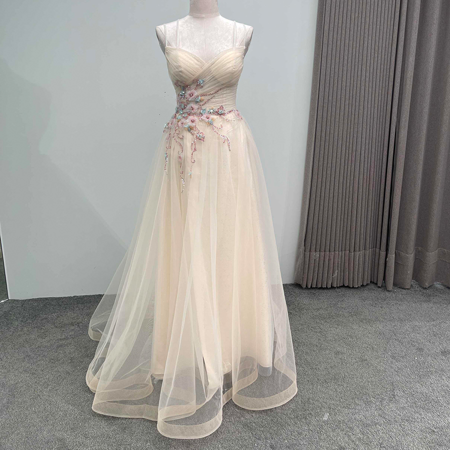 Ladies Evening Dress Champagne One-Shoulder Three-dimensional Flower High-Slit Sweetheart Neckline Floor-Length Party Quincea