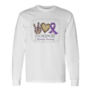 T-shirt à manches longues Peace Love Cure Alzheimer's Awareness, design ruban violet, col rond unisexe pour adulte - Product Image 1