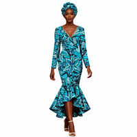 Robe sirène en coton imprimé wax africain de haute qualité avec foulard, robes ethniques à manches longues et col en V pour femmes