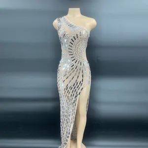 novance 2021批发新设计无袖单肩亮片双腿分开的舞会礼服派对镜子长袍礼服晚上