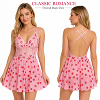 Ensemble de lingerie sexy rose Sweet Romance, directement de l'usine, imprimé cœur, chemise en dentelle et résille, mini-chemise de nuit pour femme.
