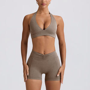 ชุด2ชิ้นสำหรับผู้หญิงชุดออกกำลังกายเล่นโยคะฟิตเนสยิมกางเกงขาสั้นเอว V แต่งโลโก้ได้ตามต้องการ - Product Image 4