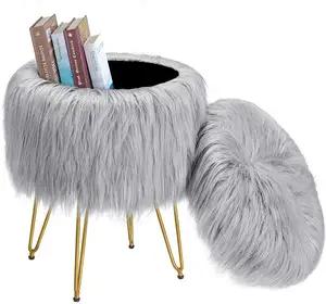 Bedroom Modern Decorative Vanity Stool Chair Round Faux Fur Storage Ottoman with metal legs