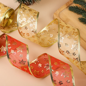 Cinta de Tul de Seda 100% con Estampado de Estrellas Navideñas, Doble Capa, 5cm de Ancho, Borde Dorado, 2 Colores, Cinta con Estampado de Estrellas Termoestampada - Product Image 5