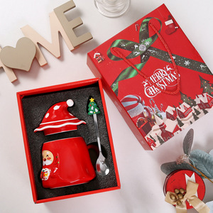 Christmas Ceramic <b>Mug</b> Set With Santa Hat Lid And <b>Tree</b> Spoon Gift Boxed - Product Image 1