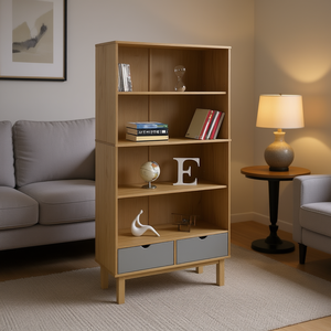 Bibliothèque OTTA en bois de pin massif, 4 étagères, 2 tiroirs, gris, style scandinave moderne, meubles de salon - Product Image 2