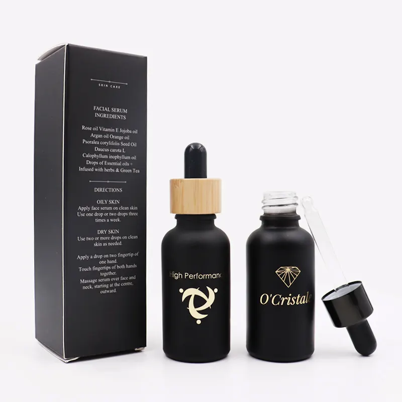 Custom 30ml 50ml 100ml essential oil glass bottles 1oz 10ml 15ml matte black glass hair oil dropper serum bottle with box