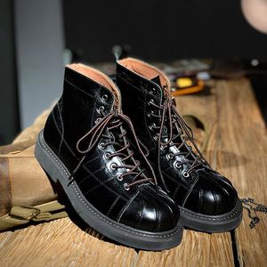 Botas de Cuero Casuales para Hombre de Estilo Retro Británico con Cordones Modernos y Punta Redonda, Botas de Motociclista - Product Image 2