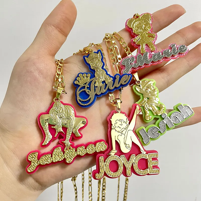 Hip Hop High Quality Double Plated Name Necklace Personalised Custom Cartoon Character Crystal Acrylic Nameplate Necklace 2024