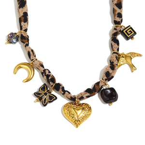Dreamidea <span class=keywords><strong>Leopard</strong></span> Print Ribbon Charm dây chuyền Set vàng tim, mặt trăng, hoa mặt dây chuyền, Bohemian lễ hội trang sức cho phụ nữ - Product Image 4