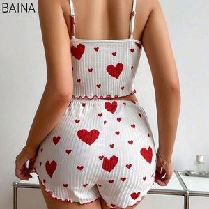 Soldes d'été : Ensemble pyjama sexy blanc en maille pour femme, imprimé cœurs, caraco et short, tenue de nuit 2 pièces - Product Image 2