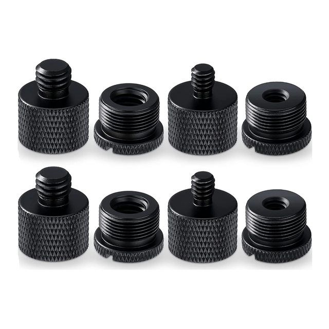 8-Piece Aluminum Alloy Black/Silver Mic Thread Adapter Set for Microphone Stand and Camera Tripod Mount with Black Oxide Finish