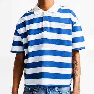 Polo streetwear personnalisé, coupe oversize, manches courtes, rayé, broderie, strass, style rugby, boutonné - Product Image 1