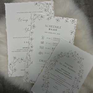 Custom Floral Embossed Gravure Printed <b>Wedding</b> Greeting Card with Torn Edges and <b>Ribbon</b> Tie Art Paper Design - Product Image 3