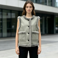 Vente directe d'usine, veste en fourrure synthétique à col rond pour femmes, fermeture à boutons, garniture en fourrure, veste sans manches pour femmes, vêtements d'extérieur d'hiver