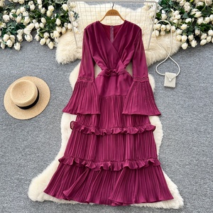 Vintage V-neck Dress Women's Elegant Long Sleeve <b>Glitter</b> Tiered Hem Maxi Dress - Product Image 2