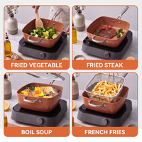 Ensemble de 4 ustensiles de cuisson multifonctionnels en cuivre et aluminium forgé, compatibles induction et gaz, comprenant une poêle à frire profonde, une poêle à frire, une cuve à vapeur et un panier de cuisson avec couvercle en verre