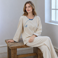 Nouvel ensemble chinois pour femme, printemps/été, en coton et lin, à manches longues, brodé chevrons, respirant, frais et confortable