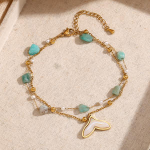 Tobillera de cadena de cuentas de turquesa de doble capa, cola de ballena, piedra Natural, joyería chapada en oro, tobillera de acero inoxidable 316L - Product Image 4