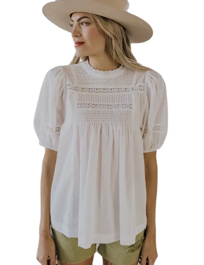 Blus renda putih katun lengan pendek kustom elegan Musim Panas 2024 untuk wanita