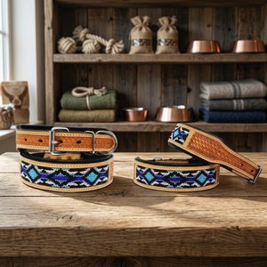 Superior Quality Handmade Padded Leather Dog <b>Collar</b> With Hand Tooled and Beaded Decoration Western Beaded Pet <b>Collar</b> - Product Image 2