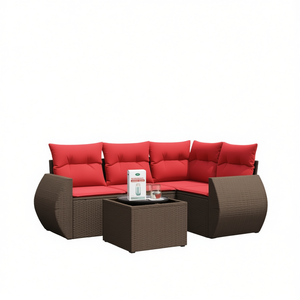 Brown Poly <b>Rattan</b> Garden <b>Sofa</b> Set With Cushions 5 Piece Outdoor Furniture Contemporary Design - Product Image 1