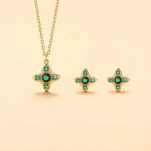 Summer Hot 925 Sterling Silver Fine Jewelry 18k Gold Plated 4 4 Leaf Clover Green Zircon Jewelry Set For Woman