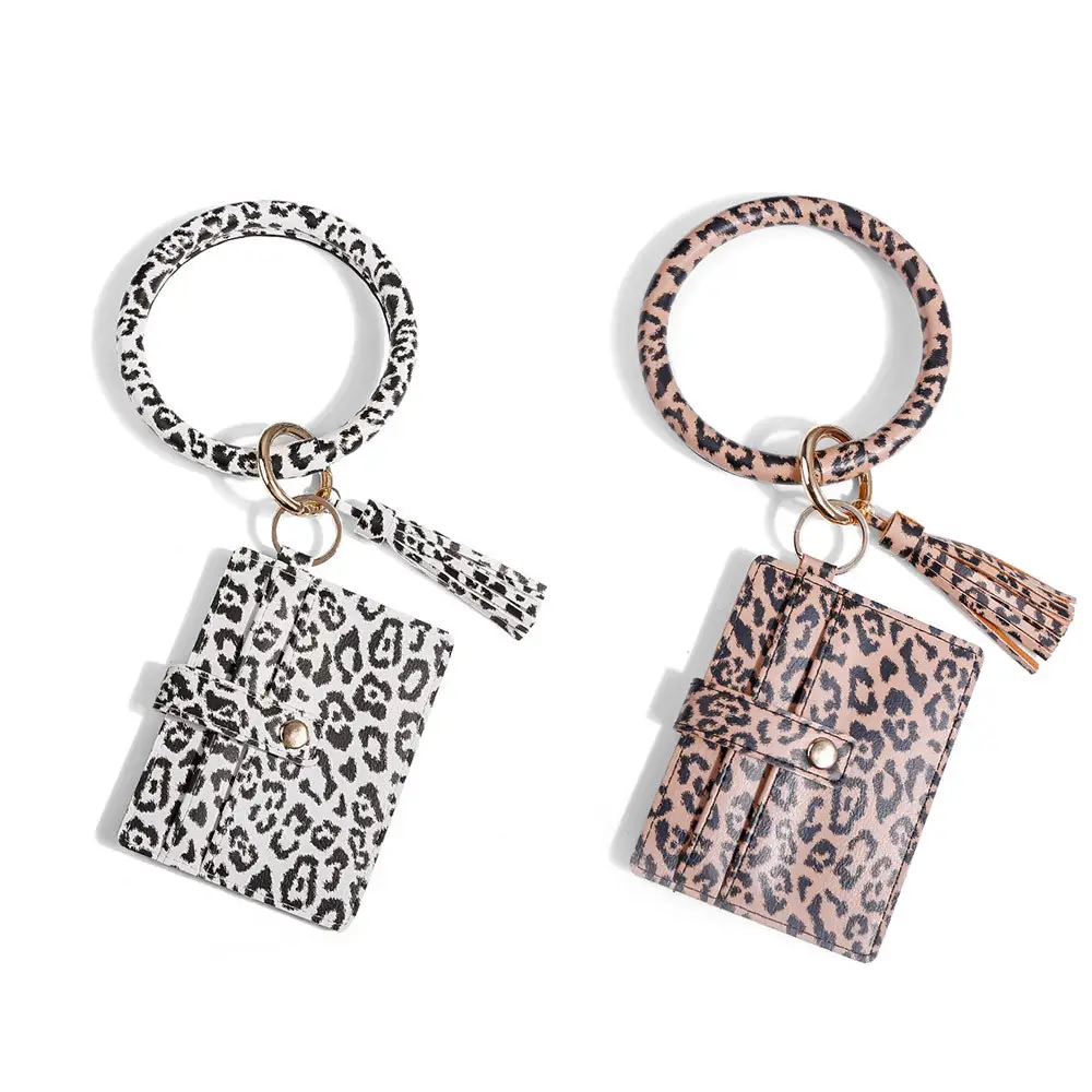Safety Shopping Credit Card Circle Leopard Tassels Bangle Wrist Bracelet Leather Key Ring