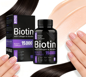Capsules de biotine avec collagène <span class=keywords><strong>et</strong></span> kératine OEM |   Complexe de beauté 15 000 mcg |   Complément alimentaire pour la santé des <span class=keywords><strong>cheveux</strong></span>, de la peau <span class=keywords><strong>et</strong></span> des ongles - Product Image 3