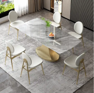 Ensemble table à manger moderne 6 pièces en cuir français Mobilier de maison de luxe Style traditionnel classique en métal pour le salon - Product Image 6