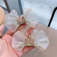 Barrette latérale en tulle et strass avec nœud couronne tridimensionnel pour enfants et filles, accessoires de cheveux de mariage