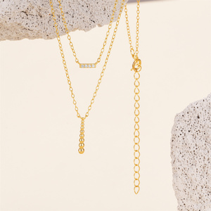 Collar de Doble Capa Simple y Moderno CANNER, Plata S925, Colgante Geométrico de Barra, Círculo y Bola con Circonita, Cadena para Mujer - Product Image 2
