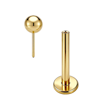 Labret à bille sans filetage en titane ASTM F136 G23 16G, dos plat, pour cartilage d'oreille et lèvre, plaqué or, bijoux de piercing corporel