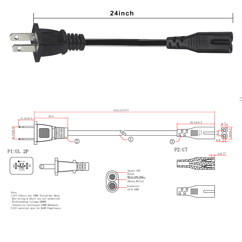 Power Cord-6ft Non-Polarzed NEMA 1-15P to Non-Polarzed EC 60320 C7