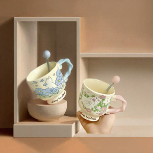 Mug en céramique mignon avec couvercle et cuillère, motif chat et fleurs de dessin animé, 401-500ml, tasse cadeau pour la maison, pour café et boissons - Product Image 3
